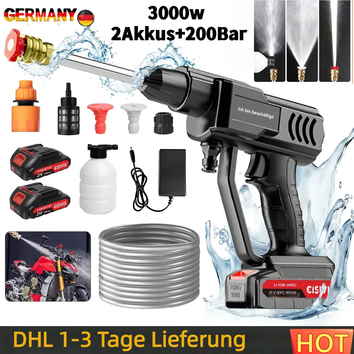 2 Akkus + 200Bar Akku Hochdruckreiniger Auto Mobiler Druckreiniger 3000w
